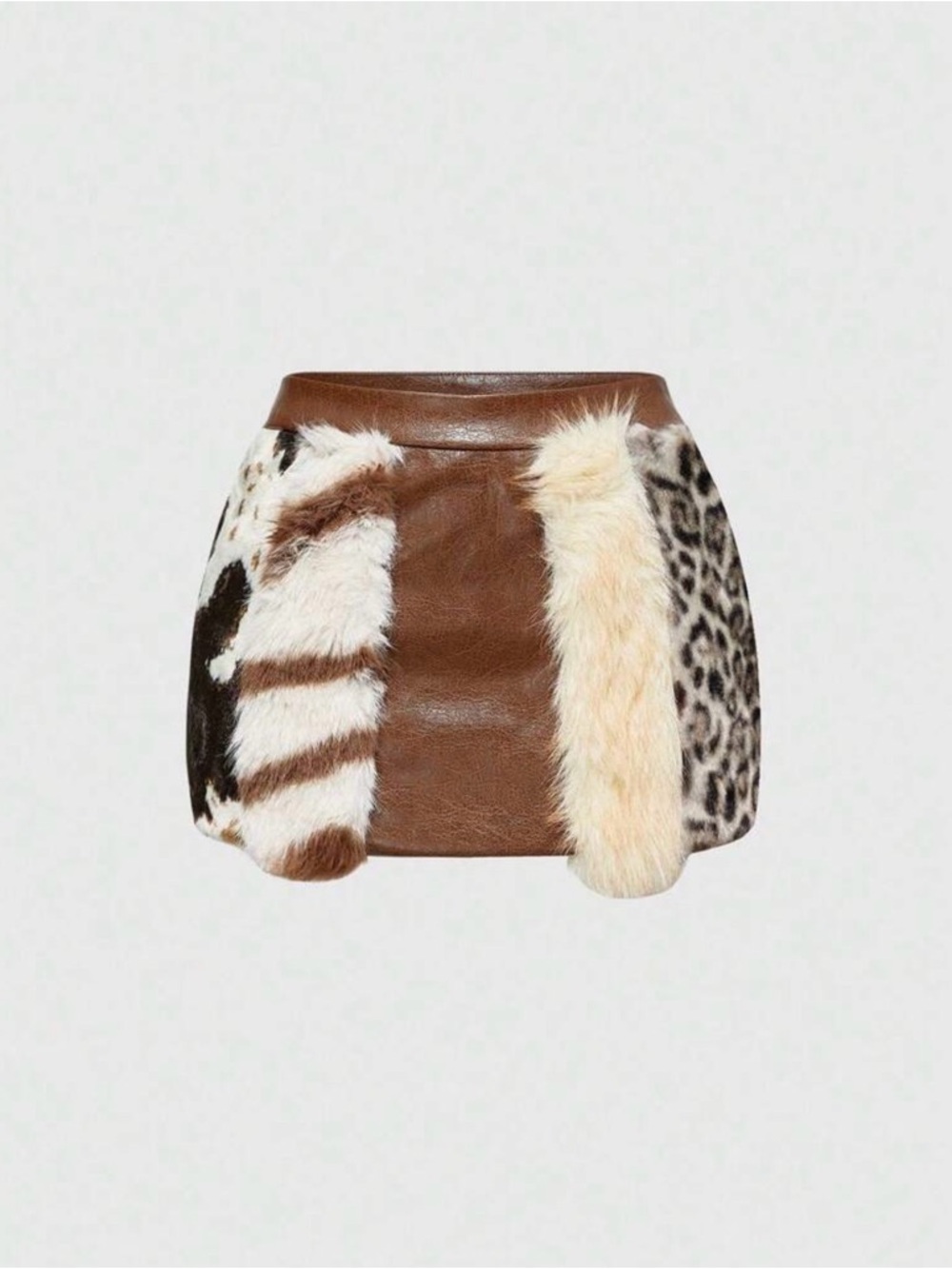 Mixed Faux Fur Panel Brown Leather Mini Skirt